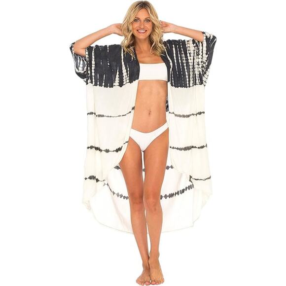 SHU-SHI Kimono Cardigans Tie Dye Swimsuit One Size Beach Cover Ups Black/Cream - Picture 1 of 8